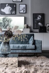 Stylish living room in cool-toned palette exudes modern chic sophistication.