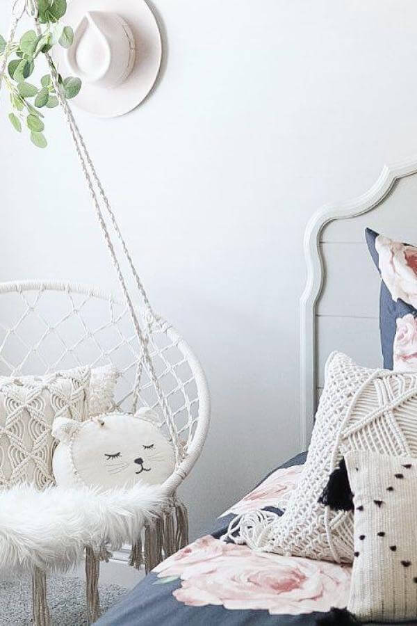 White rattan hanging chair from @love_design_co. Completes the perfect boho teenage girl bedroom vibe.