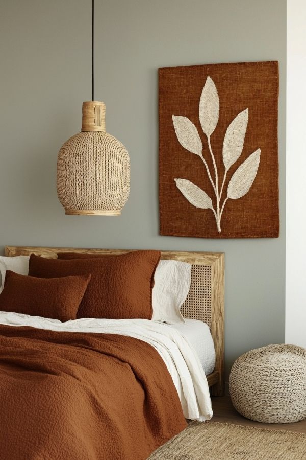 Earthy botanical fabric wall hanging with green leaves and vines.