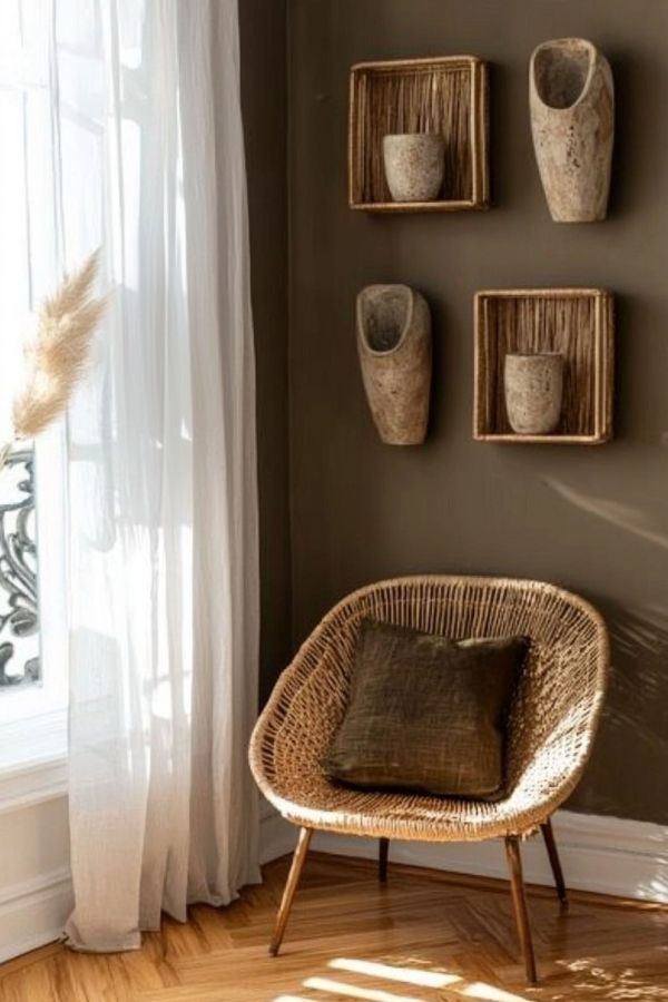 Wooden sconce on textured wall, displaying candles and greenery.