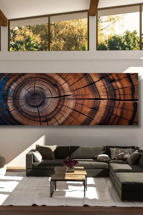 A massive circular artwork showcasing intricate tree ring patterns.