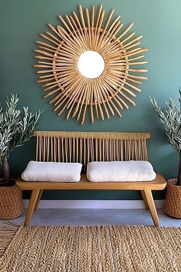 Sunburst mirror above rustic wooden bench in bright, welcoming space.