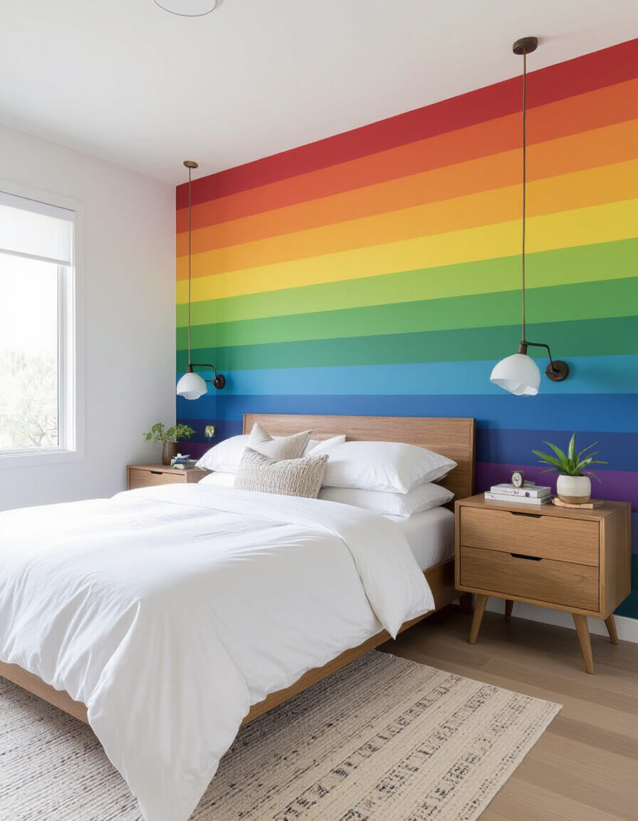 Modern bedroom featuring bold rainbow accent wall with horizontal stripes, white bedding, and wood furniture showcasing vibrant colorful bedroom ideas