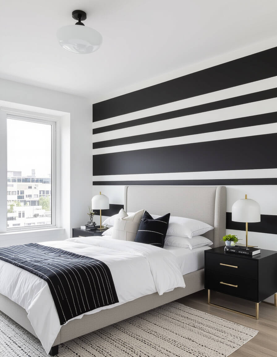 Bold black and white striped accent wall behind bed with matching nightstands in modern monochrome bedroom design