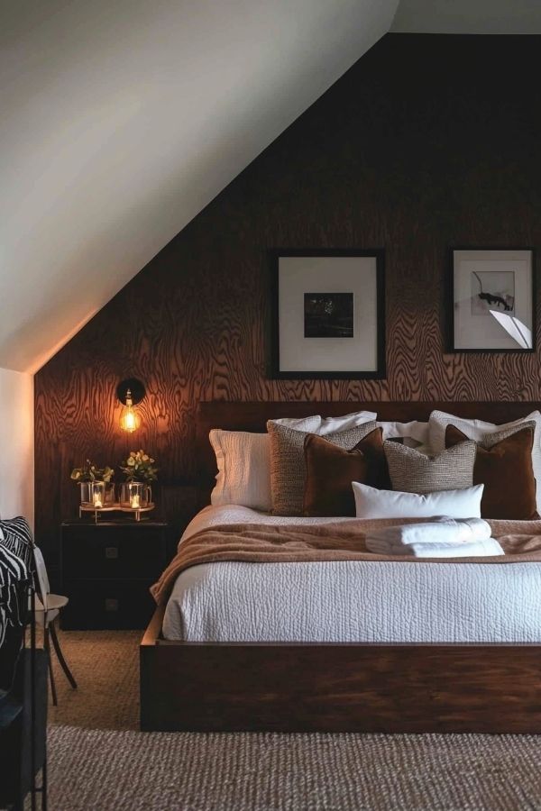 Cottage-style attic bedroom with sloped ceiling, wooden beams, and sunlight.