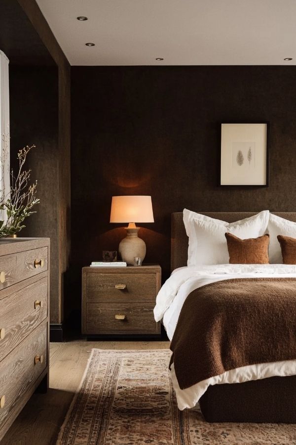 Cozy bedroom with warm tones, wooden decor, and soft lighting.