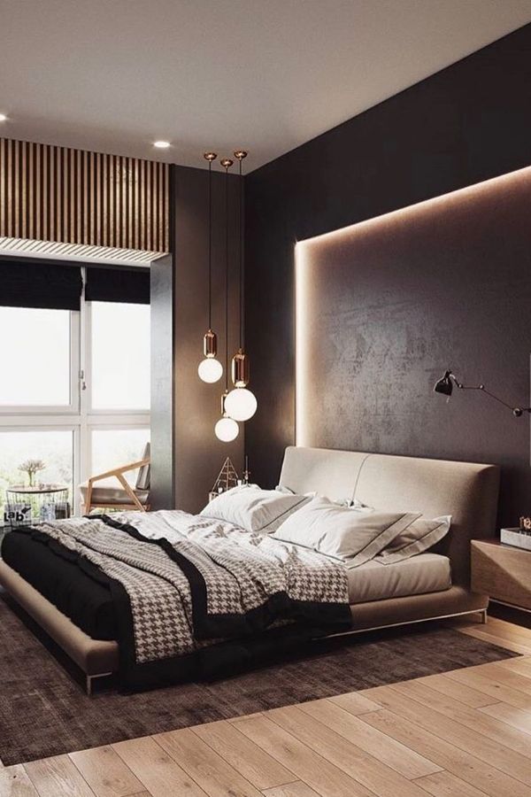 Modern bedroom featuring sleek brown finishes with minimalist, elegant design.