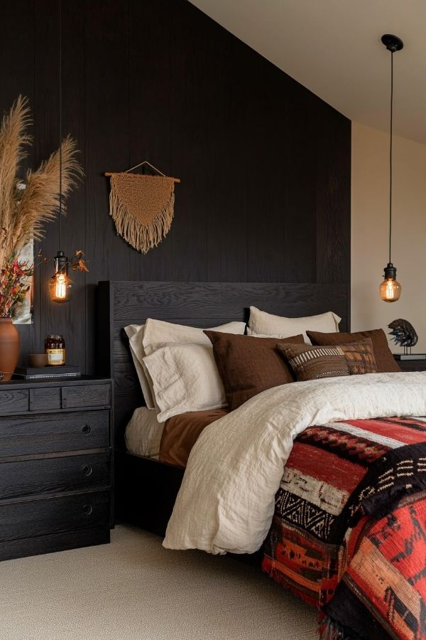 Cozy Bohemian bedroom featuring dark wood furniture and eclectic decor.