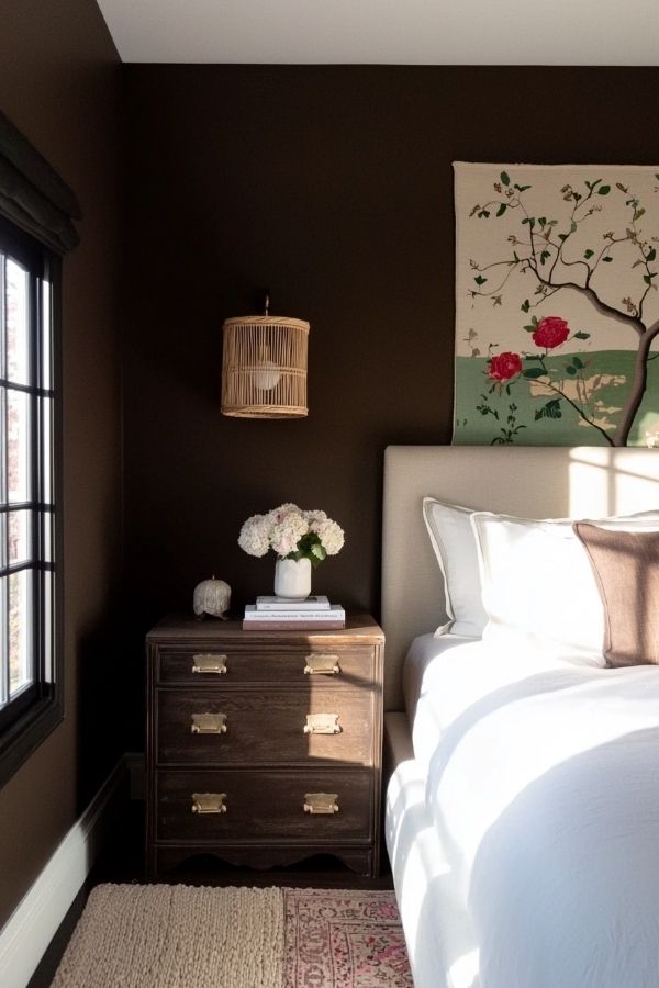 Sunlit bedroom featuring dark brown walls and cozy, inviting atmosphere.