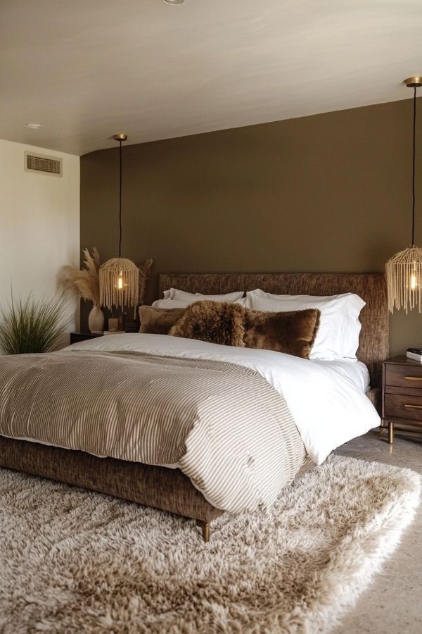 Cozy boho bedroom with soft browns, textiles, and natural accents.