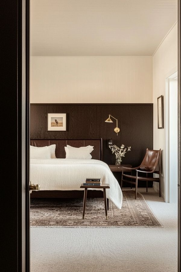 Minimalist bedroom featuring dark wood accents, neutral bedding, and plants.