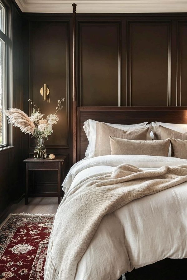 Classic bedroom featuring dark wood paneling, elegant furniture, and lighting.