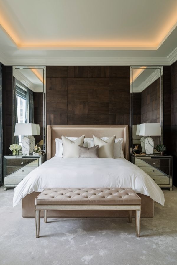 Luxurious bedroom featuring dark wood walls and elegant furnishings.