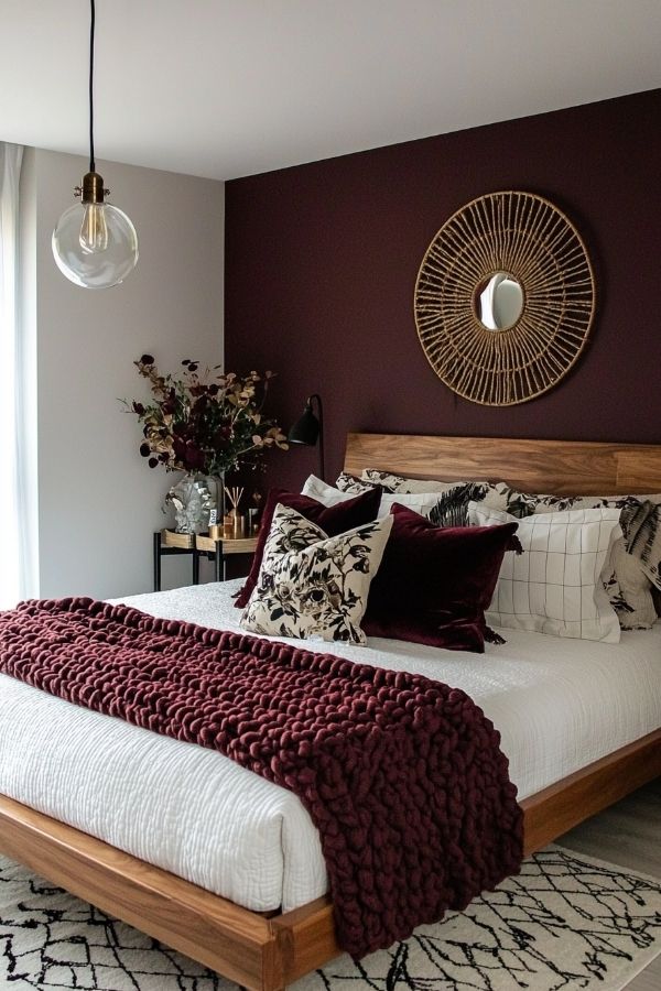 Modern bedroom featuring a burgundy accent wall and elegant decor.