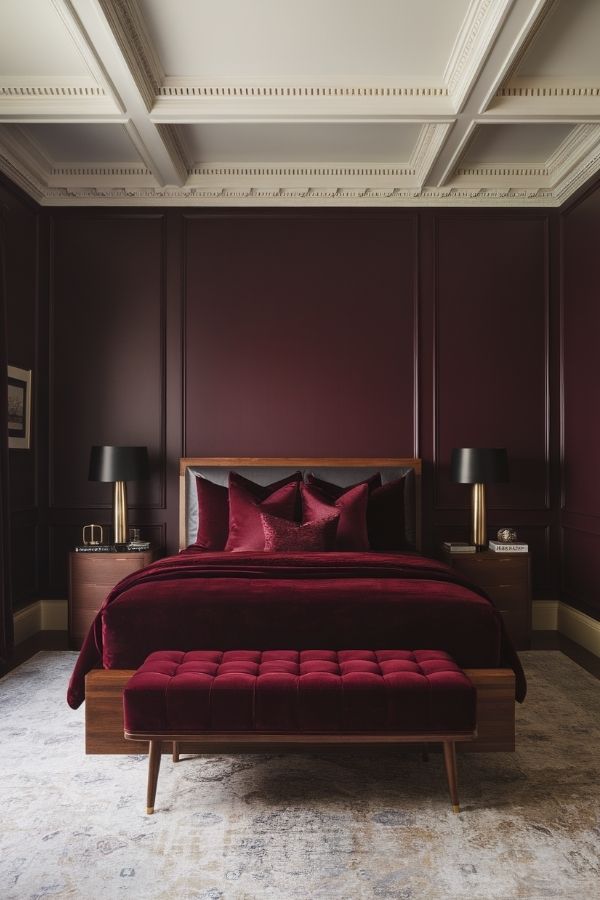 Luxurious bedroom featuring velvet burgundy accents and elegant decor.