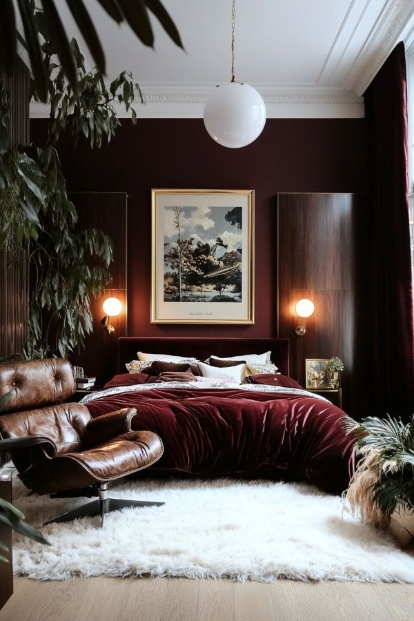 Elegant burgundy bedroom featuring a luxurious leather chair and decor.