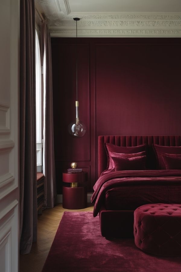 Luxurious bedroom featuring plush burgundy velvet accents and elegant decor.