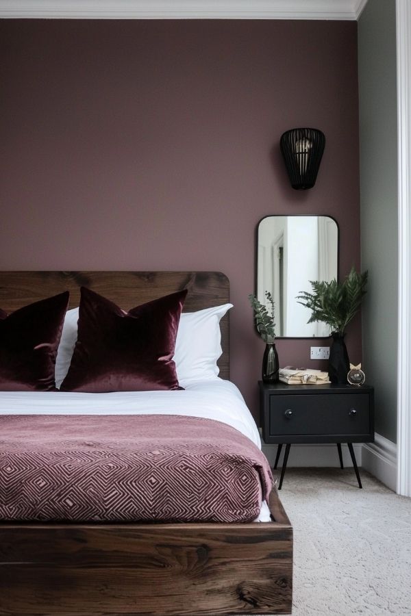 Cozy burgundy bedroom with soft lighting and plush furnishings.