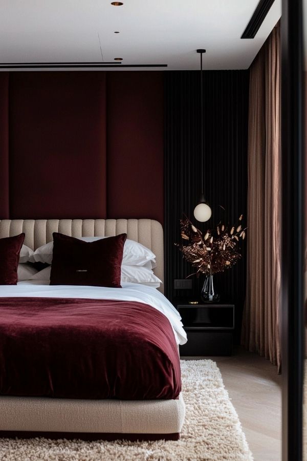 Modern bedroom featuring burgundy velvet bedspread, elegant and cozy atmosphere.