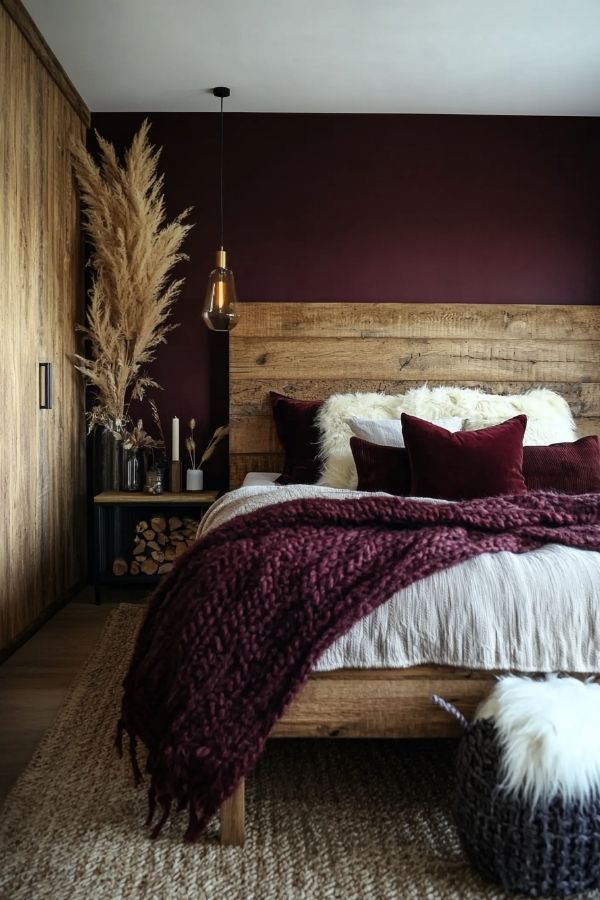 Cozy rustic bedroom with burgundy accents and warm wooden decor.