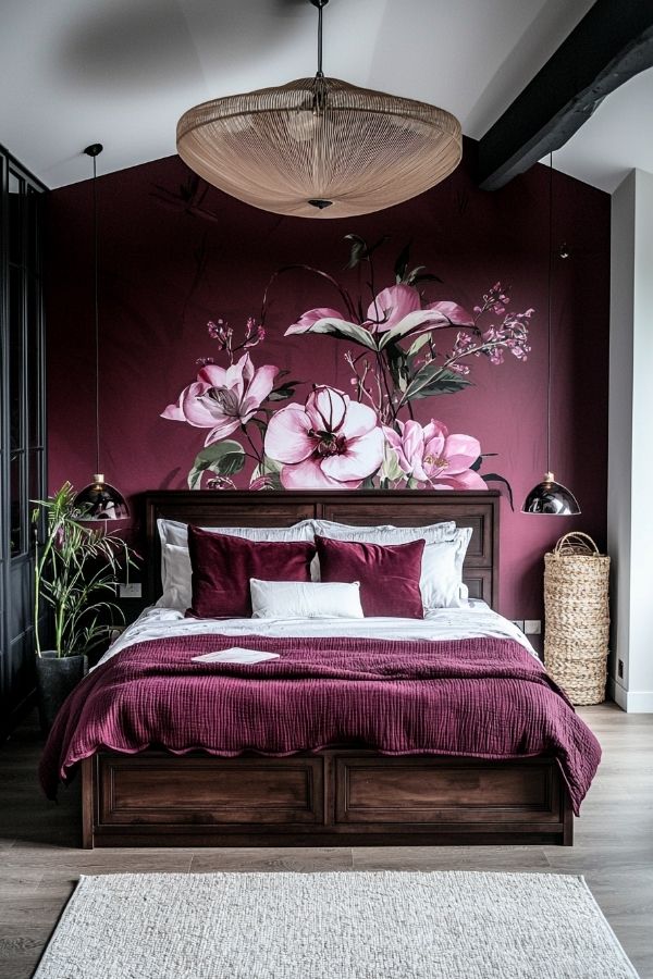 Cozy burgundy bedroom, floral decor, artistic elements, elegant ambiance.