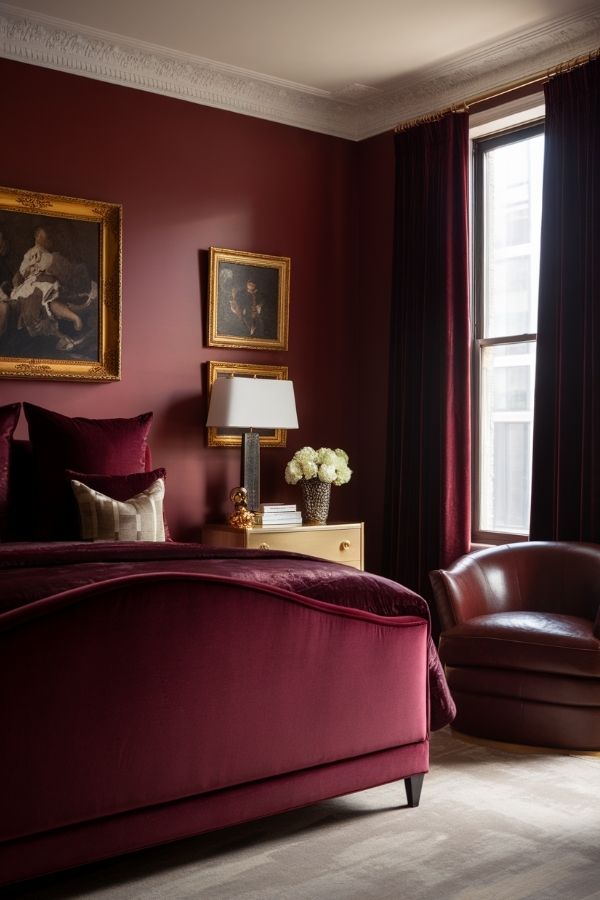 Elegant burgundy bedroom featuring classic art and luxurious furnishings.