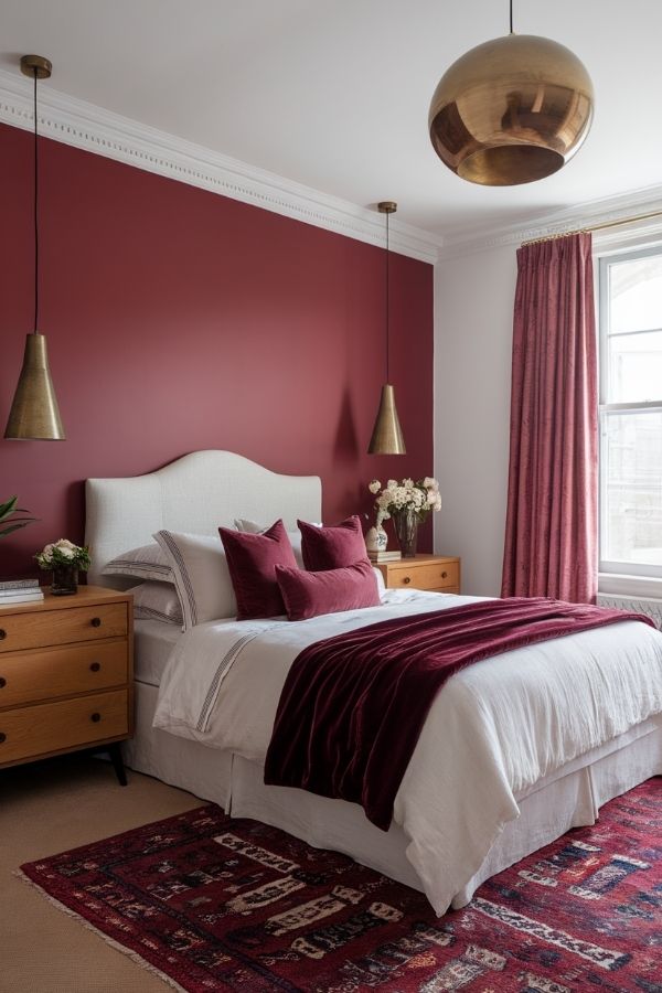 Elegant bedroom featuring burgundy and gold accents with plush decor.