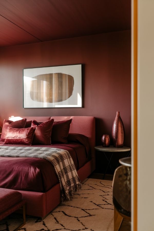 Cozy bedroom, rich burgundy tones, warm lighting, inviting ambiance.