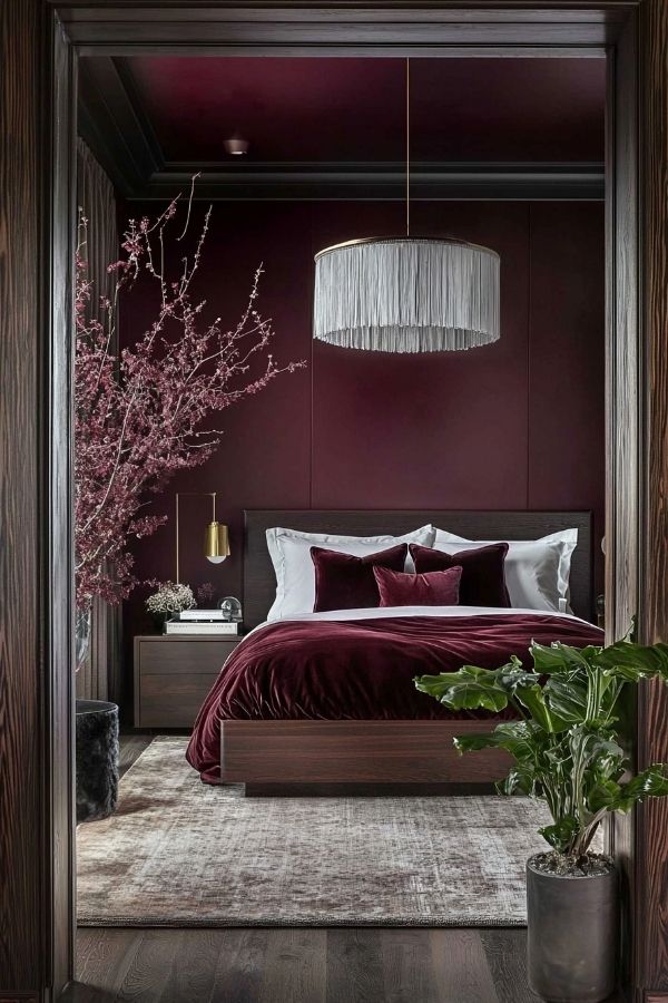 Luxurious bedroom features burgundy walls, white bed, elegant decor accents.