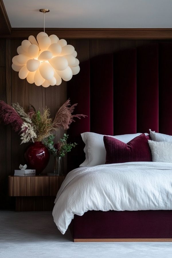 Elegant bedroom with burgundy decor and a striking statement chandelier.