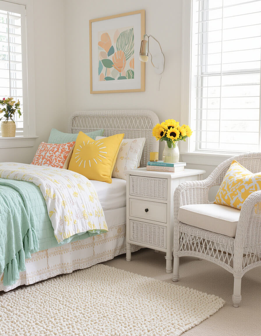 Bright pastel bedroom featuring butter yellow accent wall with white wicker nightstand and soft lighting for cozy vibes
