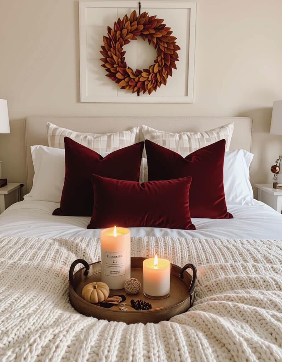 Candlelit bedside table with glowing candles creating romantic fall bedroom atmosphere with cream walls and burgundy pillows