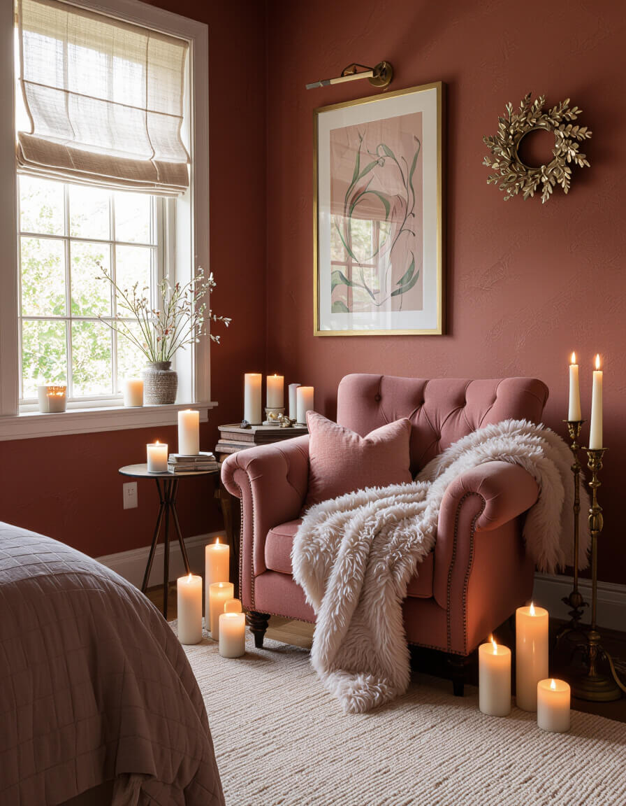 Candlelit reading nook with terracotta walls, blush tufted armchair, pillar candles, faux fur throw creating romantic bedroom ambiance