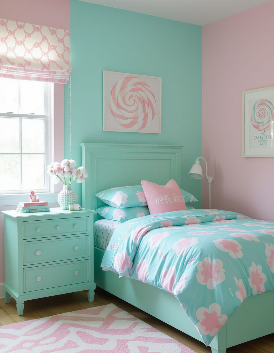 Candy Shop Sweet bedroom featuring bubblegum pink walls, mint green dresser, and cotton candy swirl bedding for colorful bedroom inspiration.