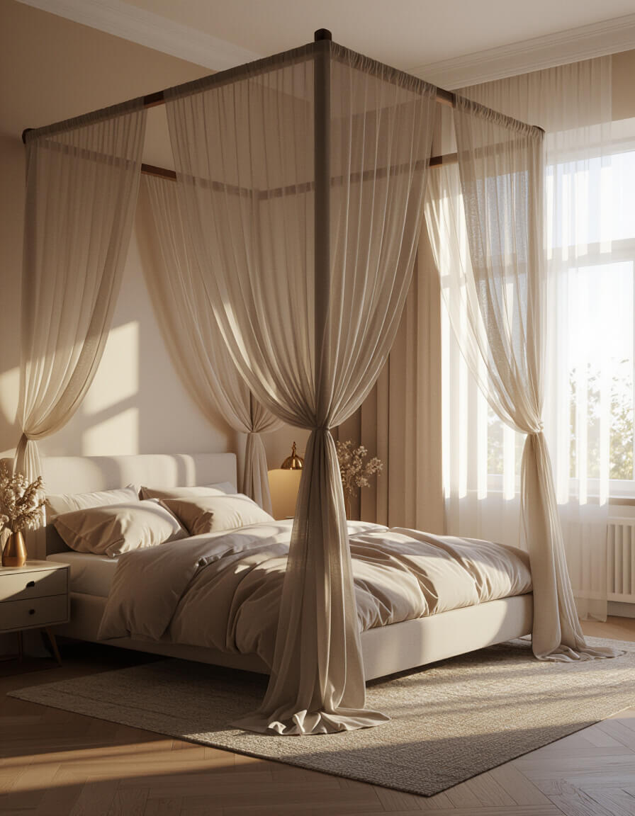 Elegant canopy bed with flowing white drapes in champagne-walled bedroom bathed in golden hour sunlight for romantic atmosphere