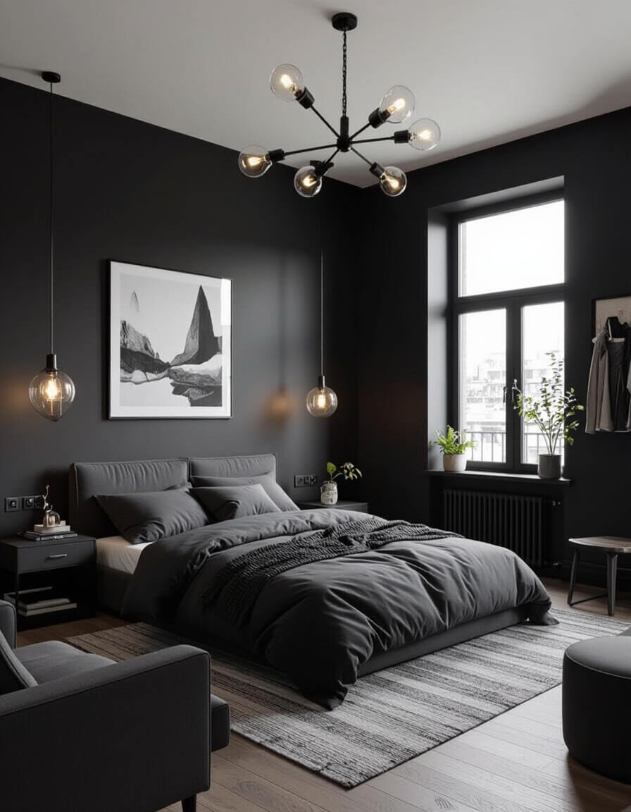 Modern loft bedroom featuring charcoal walls and gunmetal fixtures showcasing industrial chic monochrome design elements