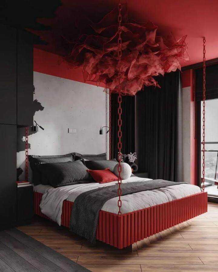 Suspended ribbed cherry red bed with dark gray bedding and sheer fabric light fixture in cherry red bedroom ideas by @arxiyuliya_3d.