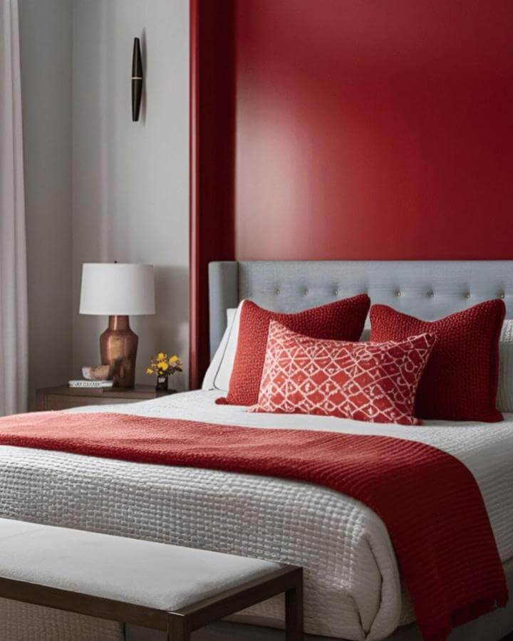 Cherry red bedroom ideas with cozy textured pillows and an accent wall from Kisaf creating a warm modern bedroom atmosphere