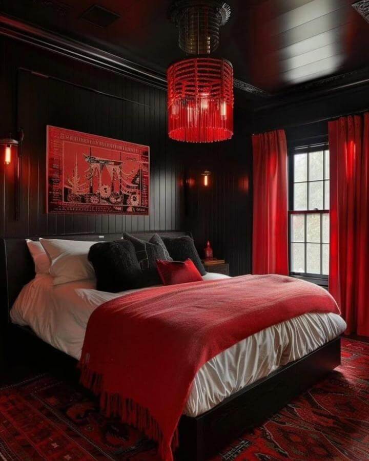 Cherry red curtains and bedding with black walls and soft textures from @homeinspoideas10 create a dramatic, moody bedroom atmosphere.