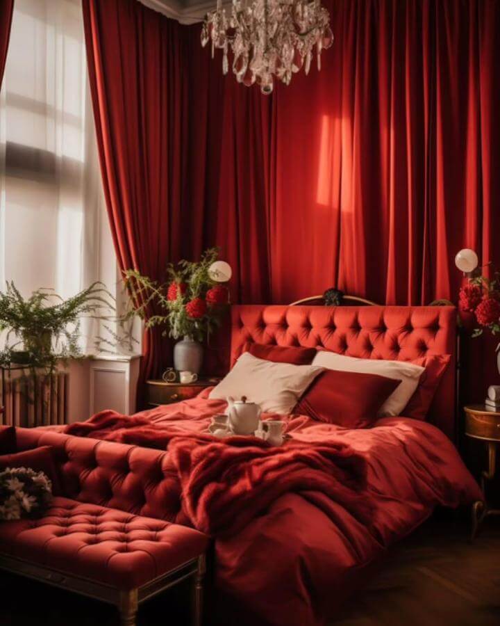 Velvet upholstered bedroom furniture and curtains in deep cherry red from @homeinspoideas10 show luxurious cherry red bedroom ideas with rich textures and warm lighting.