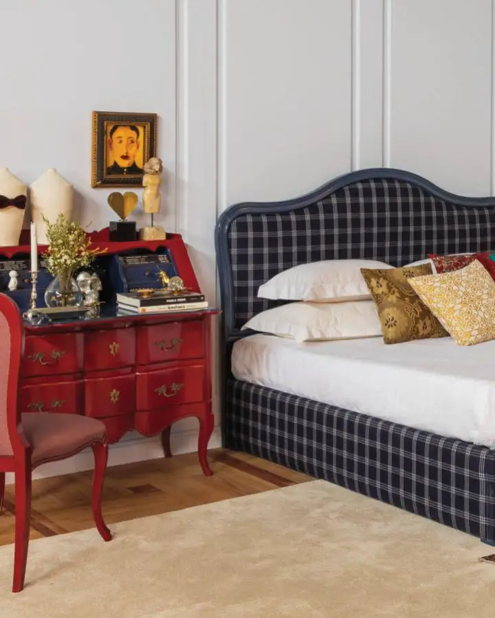 Navy plaid upholstered bed frame from @amlivingfurniture showcasing classic bedroom ideas with traditional pattern work.