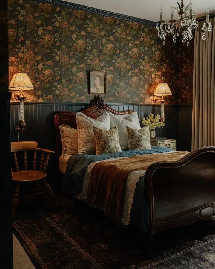 Dark floral wallpaper bedroom from @arceriinteriors showcasing classic bedroom ideas with Victorian-inspired design elements.