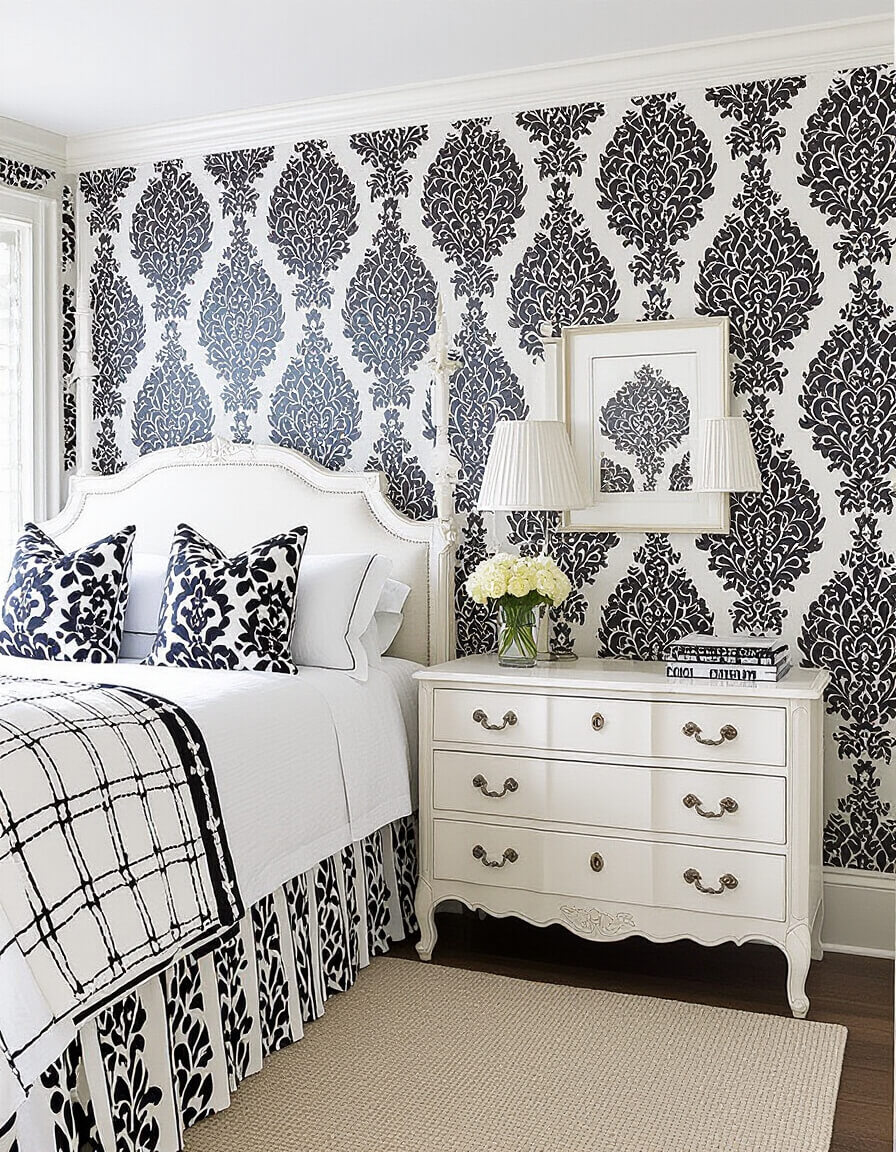 Elegant black and white bedroom featuring ornate damask wallpaper with white French provincial furniture showcasing classic pattern sophistication.