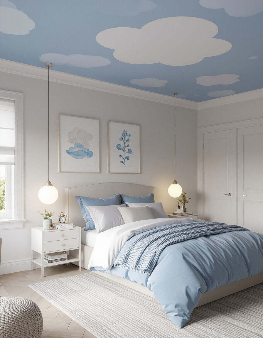 Cloud blue painted ceiling above serene pastel bedroom with white walls and soft blue bedding creating dreamy sky atmosphere