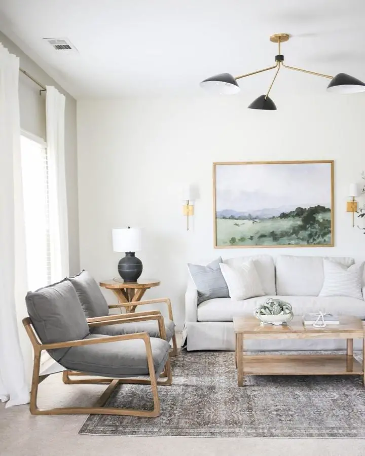 Modern coastal living room ideas featuring landscape artwork from @homziedesigns. Natural wood furniture with gray upholstery and brass lighting.