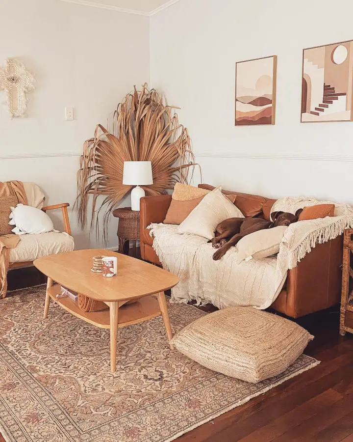 Warm terracotta living room from @saide.au featuring dramatic dried palm frond and coastal boho styling.
