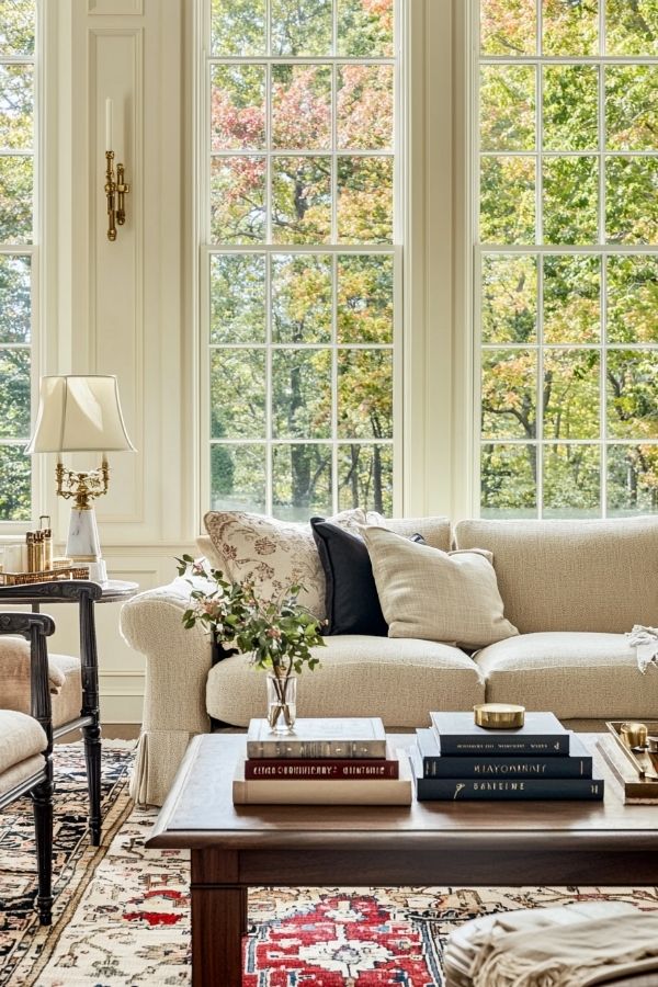 Elegant colonial living room with large windows showcasing scenic view.