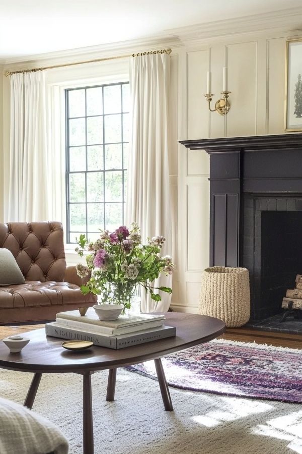 Elegant colonial living room featuring a vibrant floral arrangement centerpiece.