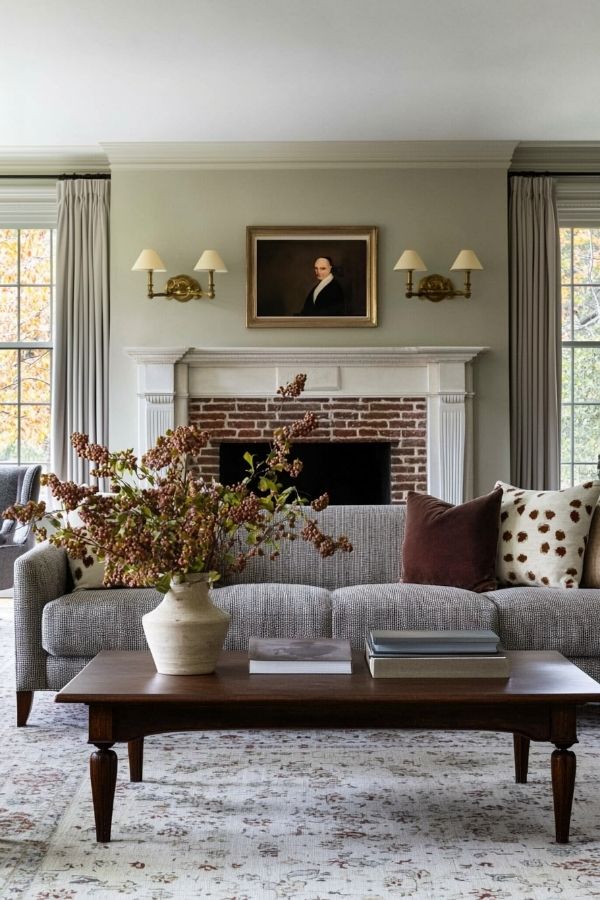 Elegant colonial living room featuring classic furniture and portrait art.