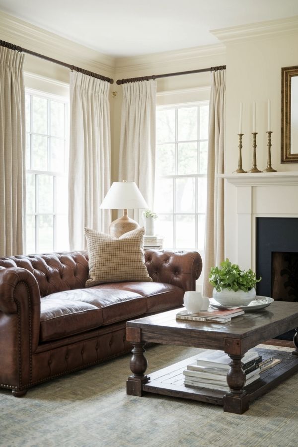 Cozy colonial living room with elegant furniture and lit fireplace.